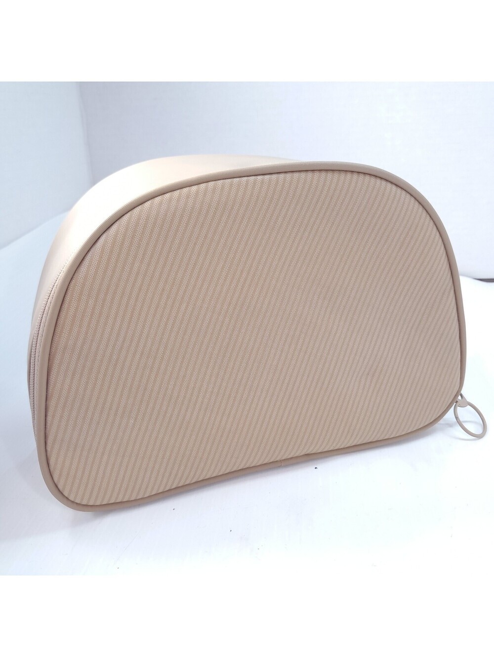 W.E. Bassett cosmetic case make up bag stripes striped travel tan brown makeup